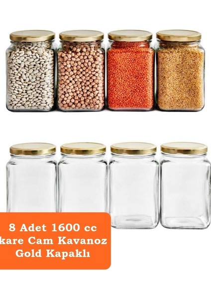 8'li 1600 ml Köşeli Kapaklı Cam Kavanoz - Gold Kapak