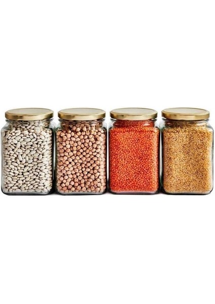 8'li 1600 ml Köşeli Kapaklı Cam Kavanoz - Gold Kapak