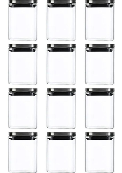 Kare Cam Kavanoz Seti, Vakum Krom Kapak, 8x8x10 cm, 500 ml, 12 Parça, Metalik Renk