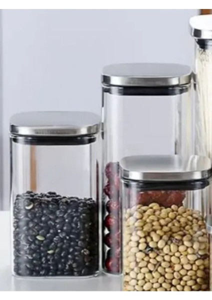 Kare Cam Kavanoz Seti, Vakum Krom Kapak, 8x8x10 cm, 500 ml, 12 Parça, Metalik Renk fiyatları