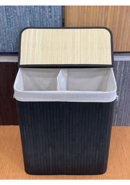Şık Dikdörtgen Bambu Çamaşır Sepeti, 2 Bölmeli, Siyah Mat Tasarım fiyatları