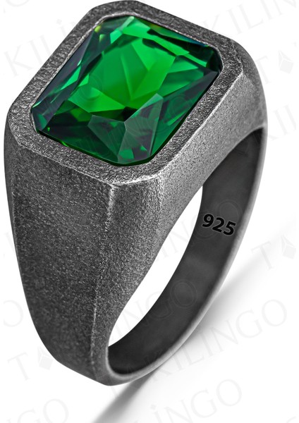 925 Ayar Gümüş Oksitli Yeşil Zirkon Taşlı Sade Erkek Yüzük