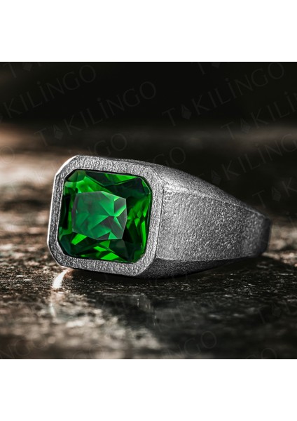 925 Ayar Gümüş Oksitli Yeşil Zirkon Taşlı Sade Erkek Yüzük fiyatları