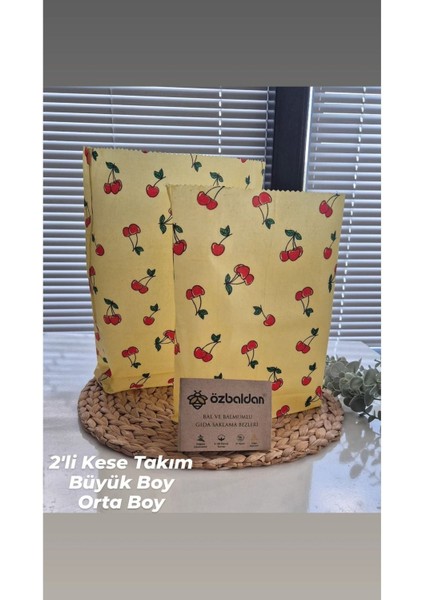 Balmumu Kese Mega Tekrar Kullanılabilen Gıda Saklama 2'li Kese Seti Kiraz(Balmumlu,bez)