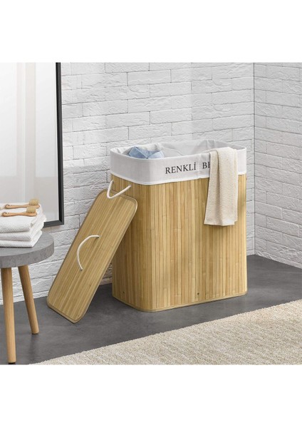 İki Bölmeli Katlanabilir Bambu Sepet, 52x33x63 cm, 100 L, Bej