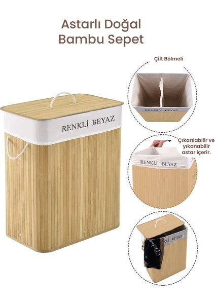 İki Bölmeli Katlanabilir Bambu Sepet, 52x33x63 cm, 100 L, Bej