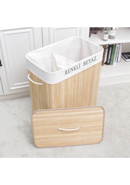 İki Bölmeli Katlanabilir Bambu Sepet, 52x33x63 cm, 100 L, Bej