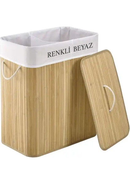 İki Bölmeli Katlanabilir Bambu Sepet, 52x33x63 cm, 100 L, Bej