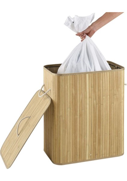 İki Bölmeli Katlanabilir Bambu Sepet, 52x33x63 cm, 100 L, Bej
