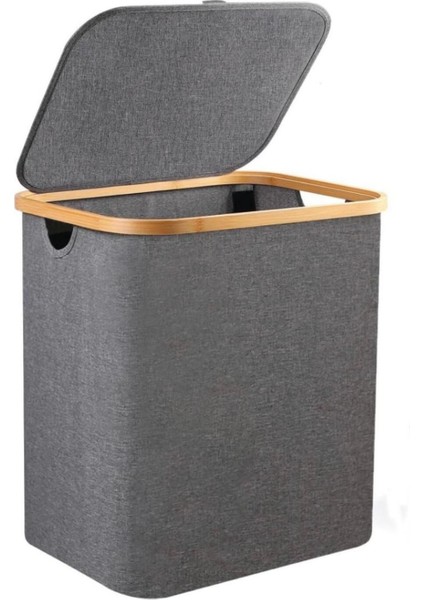 Bambu Kenarlı Katlanabilir Kumaş Çamaşır Sepeti 41x34x42 cm, 50 L Gri