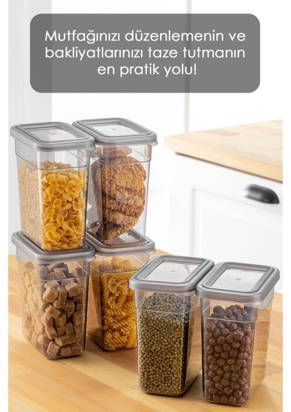 6'lı Saklama Kabı Seti, Sızdırmaz Kapak, Bakliyat ve Erzak Saklama, 6x1100 ml, Gri fırsatları