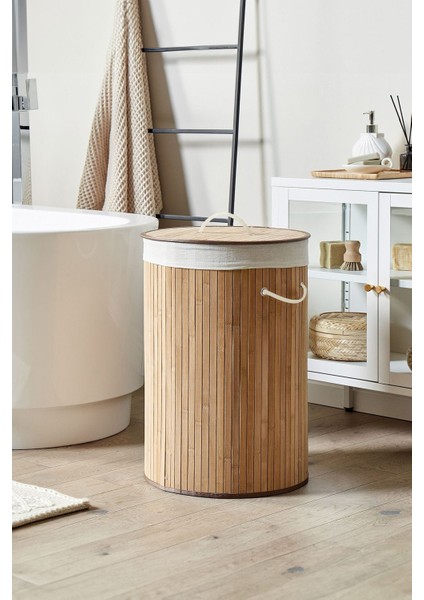 Naturel Yuvarlak Kirli Çamaşır Sepeti - Bambu Katlanabilir Çamaşır Sepeti Sele 35X50 cm 60 Lt Bej