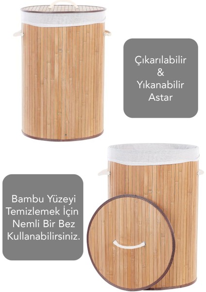 Naturel Yuvarlak Kirli Çamaşır Sepeti - Bambu Katlanabilir Çamaşır Sepeti Sele 35X50 cm 60 Lt Bej