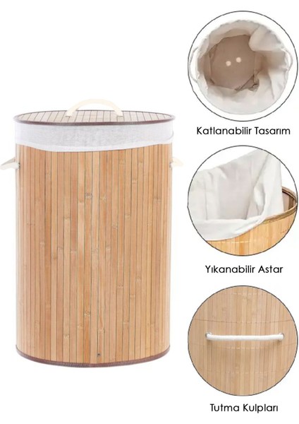 Naturel Yuvarlak Kirli Çamaşır Sepeti - Bambu Katlanabilir Çamaşır Sepeti Sele 35X50 cm 60 Lt Bej