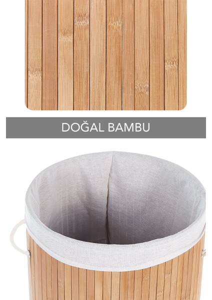 Naturel Yuvarlak Kirli Çamaşır Sepeti - Bambu Katlanabilir Çamaşır Sepeti Sele 35X50 cm 60 Lt Bej