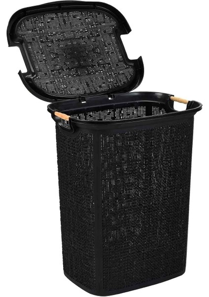 Şık ve kullanışlı ahşap kulplu 60 lt siyah çamaşır sepeti modelleri