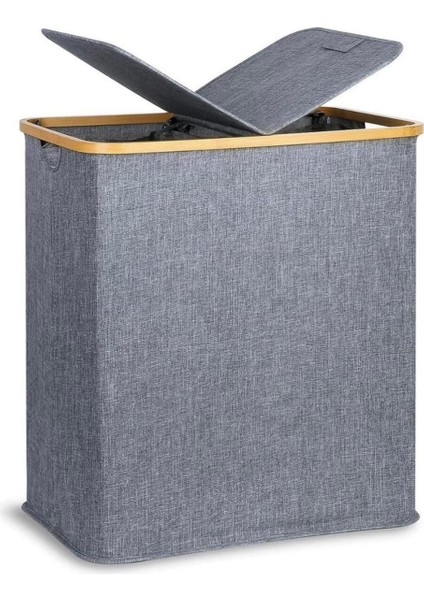 Muba Consept Bambu Kenarlı Katlanabilir 2 Bölmeli Kumaş Çamaşır Sepeti 55X34X60 cm