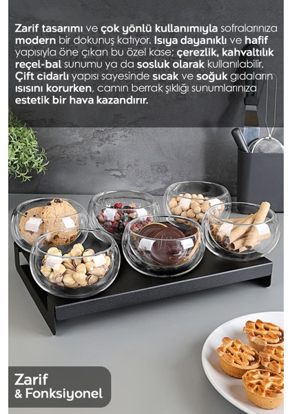 6'lı Çift Cidarlı Kahvaltılık Seti - Borosilikat Cam Sofra Sunum Kasesi Sosluk Reçellik Kase 250 ml