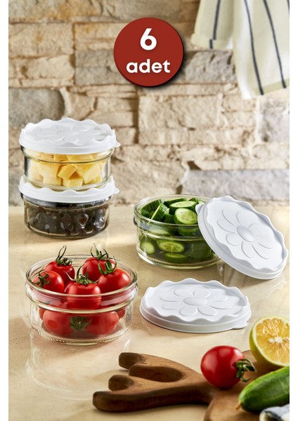 6 Lı Beyaz Papatya Desenli Plastik Kapaklı Kahvaltılık Cam Kase- Kahvaltılık Saklama Kabı 415 cc