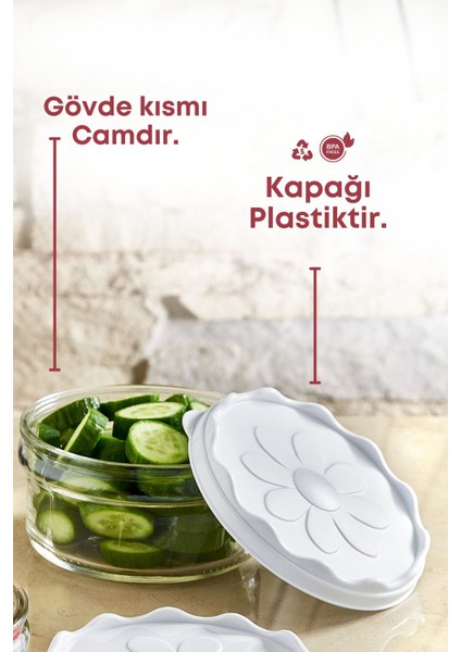 6 Lı Beyaz Papatya Desenli Plastik Kapaklı Kahvaltılık Cam Kase- Kahvaltılık Saklama Kabı 415 cc
