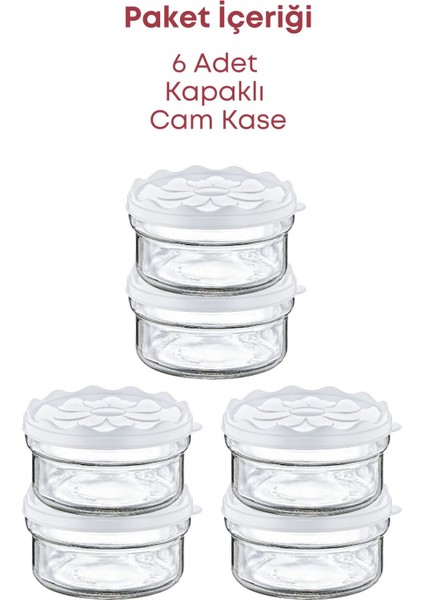6 Lı Beyaz Papatya Desenli Plastik Kapaklı Kahvaltılık Cam Kase- Kahvaltılık Saklama Kabı 415 cc