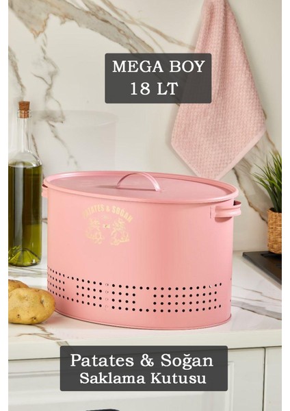 Prego Mega Boy 18 Lt Patates Soğan Saklama Kutusu 2 Bölmeli Metal Sebzelik Mutfak Düzenleyici Pembe