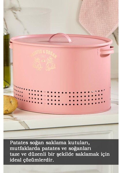 Prego Mega Boy 18 Lt Patates Soğan Saklama Kutusu 2 Bölmeli Metal Sebzelik Mutfak Düzenleyici Pembe