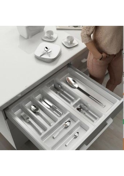 Beyaz Plastik Çekmece İçi Kaşıklık, 54x48 cm, Sarı, ayarlanabilir yan ve boydan kesilebilir