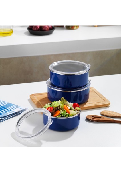 Lacivert 3'lü Saklama Kabı Seti, 6 Parça, Emaye, Mutfak ve Buzdolabı Düzeni