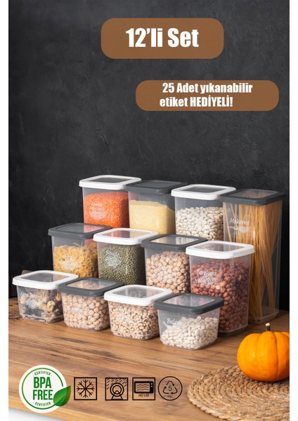 12'li renkli kapaklı saklama kabı seti, şık ve pratik organizasyon sağlar.