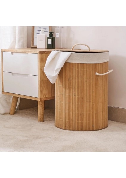 Katlanır Naturel Oval Banyo Doğal Bambu Renkli Beyaz Çamaşır Kirli Sepeti - Oyuncak Sepeti