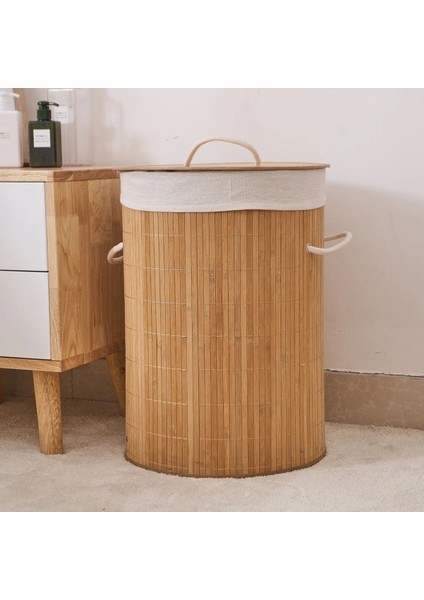 Katlanır Naturel Oval Banyo Doğal Bambu Renkli Beyaz Çamaşır Kirli Sepeti - Oyuncak Sepeti