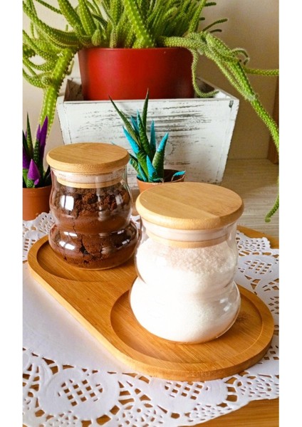Bambu Standlı Cam Kavanoz Seti, 220 ml, 3 Parça, kahve ve şeker saklama için ideal