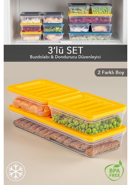 3'lü Saklama Kabı , Mikrodalga Uyumlu Erzak Saklama Kabı Sarı 1 x 1170ML - 2 x 600ML