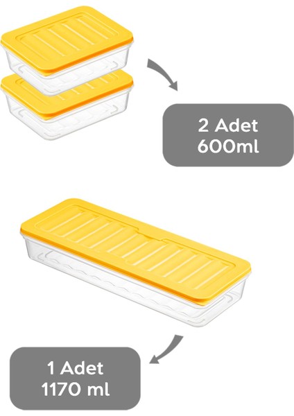 3'lü Saklama Kabı , Mikrodalga Uyumlu Erzak Saklama Kabı Sarı 1 x 1170ML - 2 x 600ML
