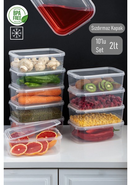 10'lu 2L şeffaf buzluk saklama kabı, kendinden kapaklı, derin dondurucu düzenleyici