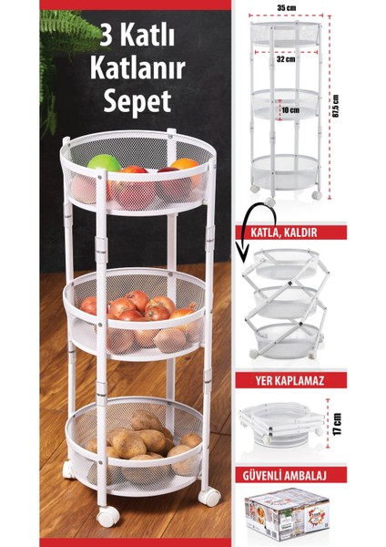 3 Katlı Pratik Katlanır Metal Beyaz Renk Tekerlekli Sepet Patates Soğanlık - Çok Amaçlı Organizer