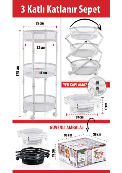 3 Katlı Pratik Katlanır Metal Beyaz Renk Tekerlekli Sepet Patates Soğanlık - Çok Amaçlı Organizer