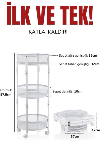 3 Katlı Pratik Katlanır Metal Beyaz Renk Tekerlekli Sepet Patates Soğanlık - Çok Amaçlı Organizer
