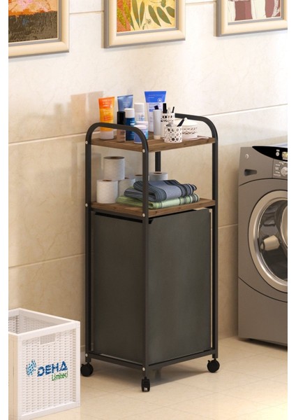 İki Raflı Frenli Metal Tekerlekli Banyo Çamaşırlık Sepeti, 75L kahverengi