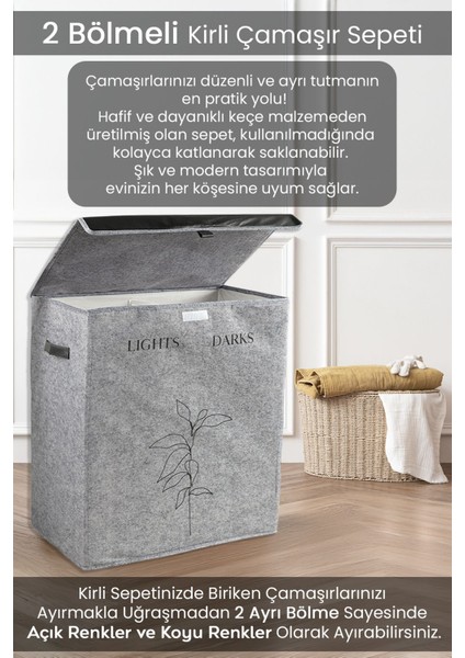 Keçe Deri 2 Bölmeli Çamaşır Kirli Sepeti Çok Amaçlı Katlanır Oyuncak Saklama Hurcu Gri 53X33X60 cm
