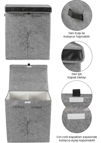 Keçe Deri 2 Bölmeli Çamaşır Kirli Sepeti Çok Amaçlı Katlanır Oyuncak Saklama Hurcu Gri 53X33X60 cm