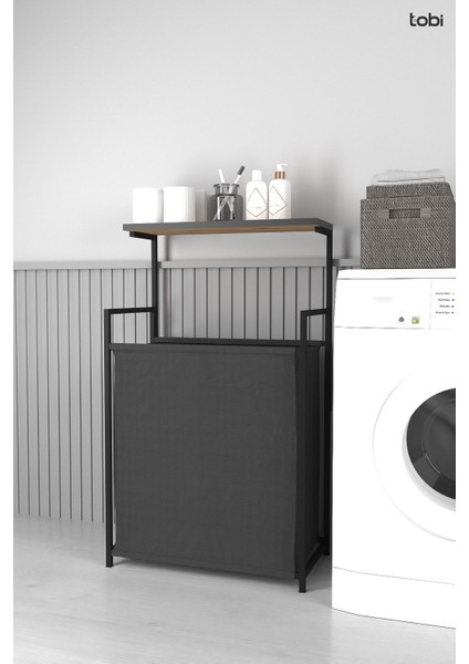 Geniş Ahşap Çamaşır Sepeti, Üst Raflı, Kumaş Kaplı, Banyo ve Ev için, Siyah, 80 L