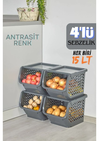 4'lü Patates & Soğanlık, Kapaklı Katlı Sebzelik, Oyuncak Sepeti, Banyo Büyük Düzenleyici Antrasit