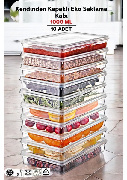 10 Adet Kendinden Kapaklı Derin Dondurucuya Uygun Saklama Kabı 1 lt