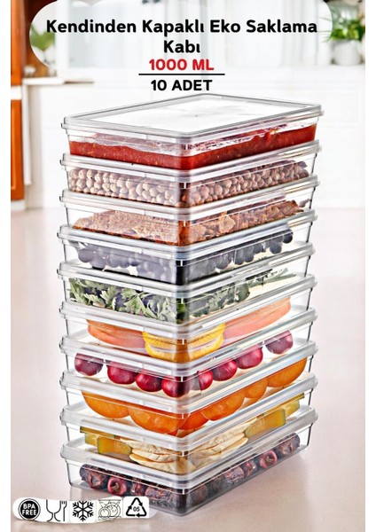 10 Adet Kendinden Kapaklı Derin Dondurucuya Uygun Saklama Kabı 1 lt