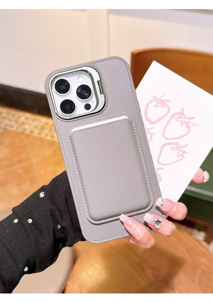 Apple iPhone 13 Pro Max Uyumlu Premium Titanyum Gri Deri Magsafe Cüzdanlı Kartlıklı Kamera Çerçeve Standlı Kılıf