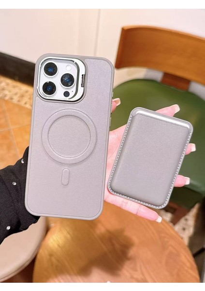 Apple iPhone 13 Pro Max Uyumlu Premium Titanyum Gri Deri Magsafe Cüzdanlı Kartlıklı Kamera Çerçeve Standlı Kılıf modelleri