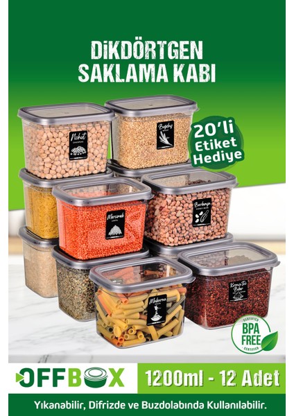 12'li 24 Parça 1,2 Litre Dikdörtgen Saklama Kabı Seti, Etiketli, Gri, Plastik