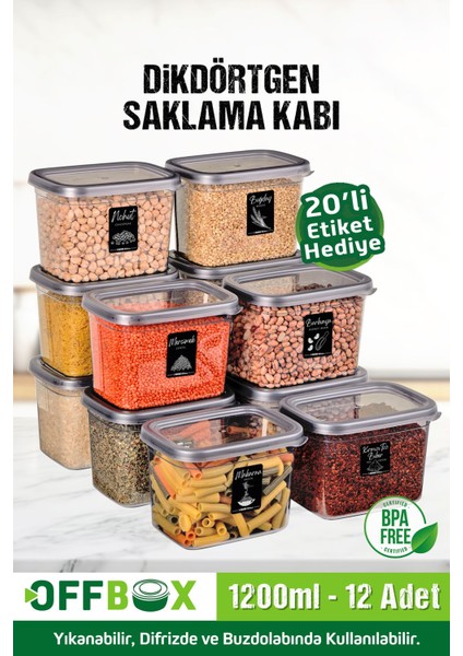 12'li 24 Parça 1,2 Litre Dikdörtgen Saklama Kabı Seti, Etiketli, Gri, Plastik fiyatları